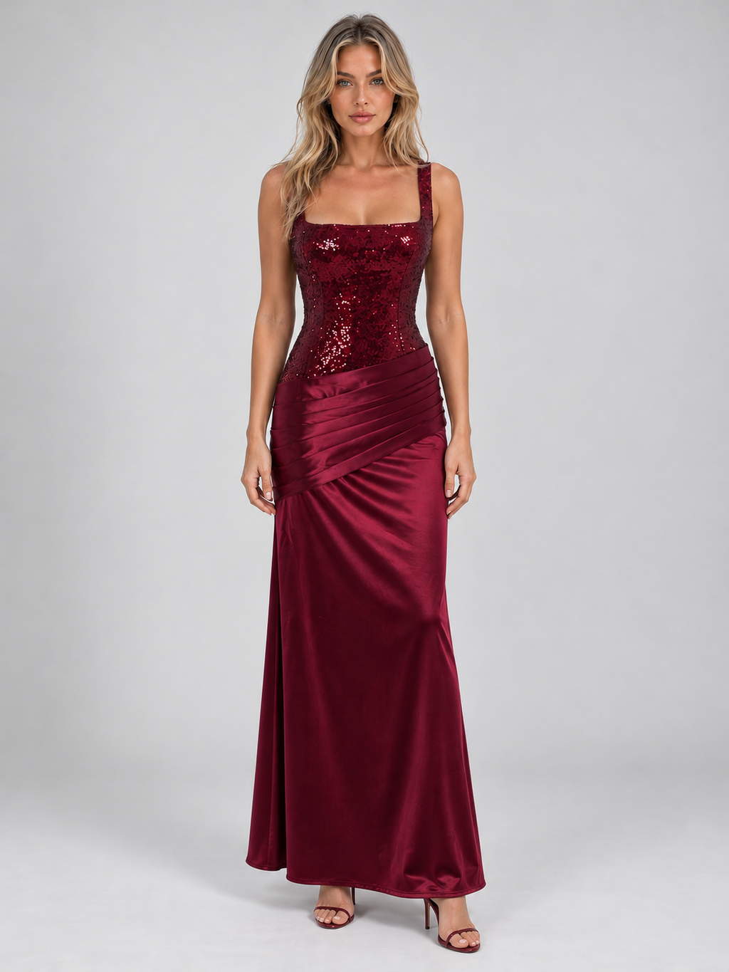 Women’s Embellished Corset Satin Look Maxi Dress – Lace-Up Evening Gown