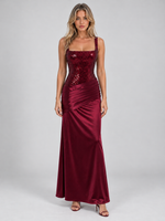 Women’s Embellished Corset Satin Look Maxi Dress – Lace-Up Evening Gown