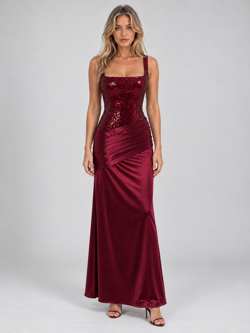Women’s Embellished Corset Satin Look Maxi Dress – Lace-Up Evening Gown