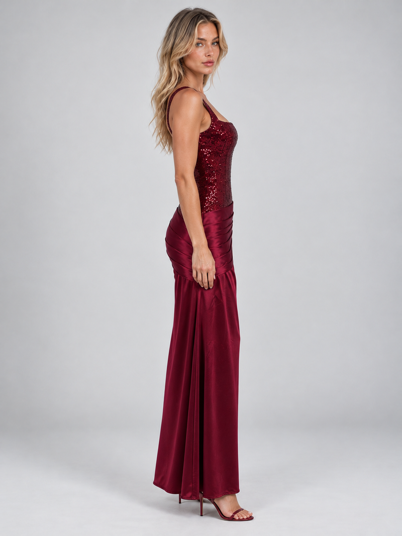 Women’s Embellished Corset Satin Look Maxi Dress – Lace-Up Evening Gown