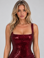 Women’s Embellished Corset Satin Look Maxi Dress – Lace-Up Evening Gown