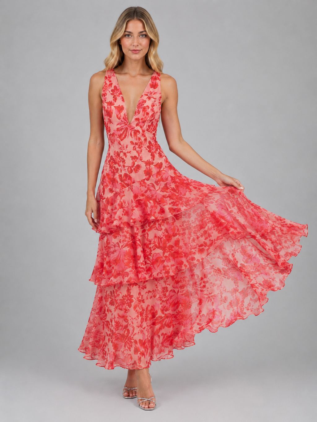 Women's Floral Chiffon Ruffle Maxi Dress – Summer Occassion Style – Montleigh