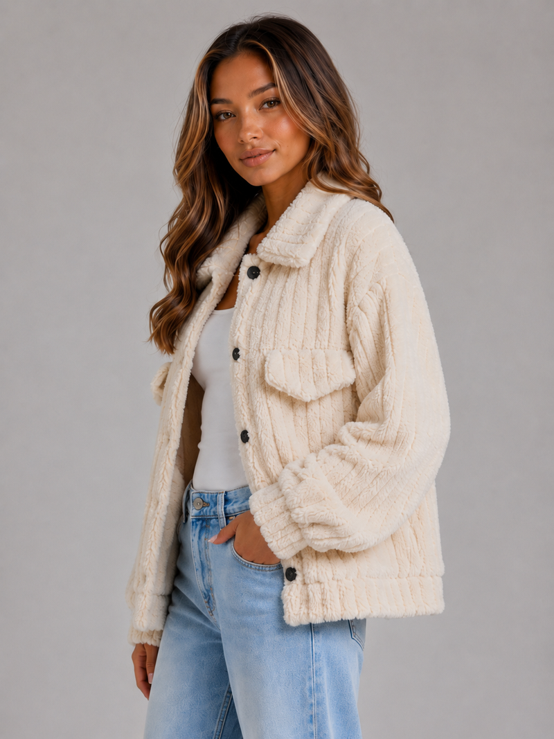 Women’s Plush Teddy Jacket – Button-Up Collared Fleece Cardigan