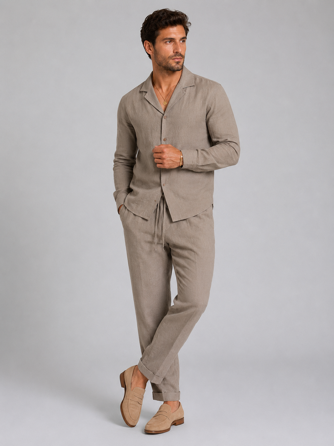 Men’s Linen Style Shirt & Trousers Set – Relaxed Tailored Fit