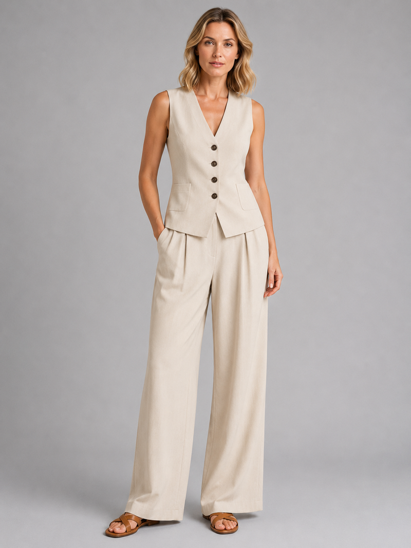Women’s Sleeveless Waistcoat & Wide-Leg Trousers Set – Relaxed Tailored Co-Ord