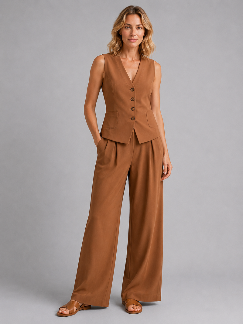 Women’s Sleeveless Waistcoat & Wide-Leg Trousers Set – Relaxed Tailored Co-Ord