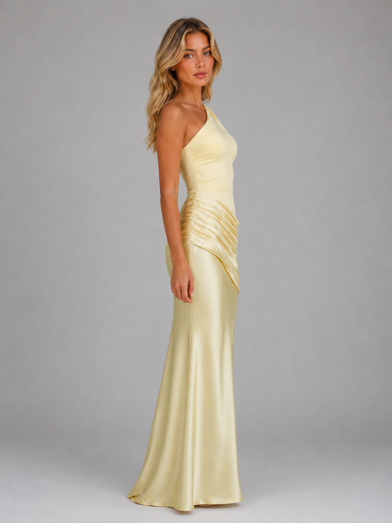 Women's One Shoulder Satin Feel Ruched Maxi Dress – Elegant Bodycon Evening Gown