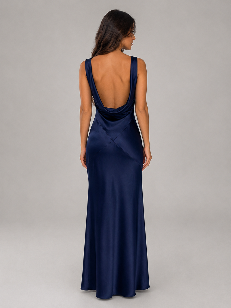 Women's Satin Feel Open Back Maxi Dress – Elegant Evening Gown