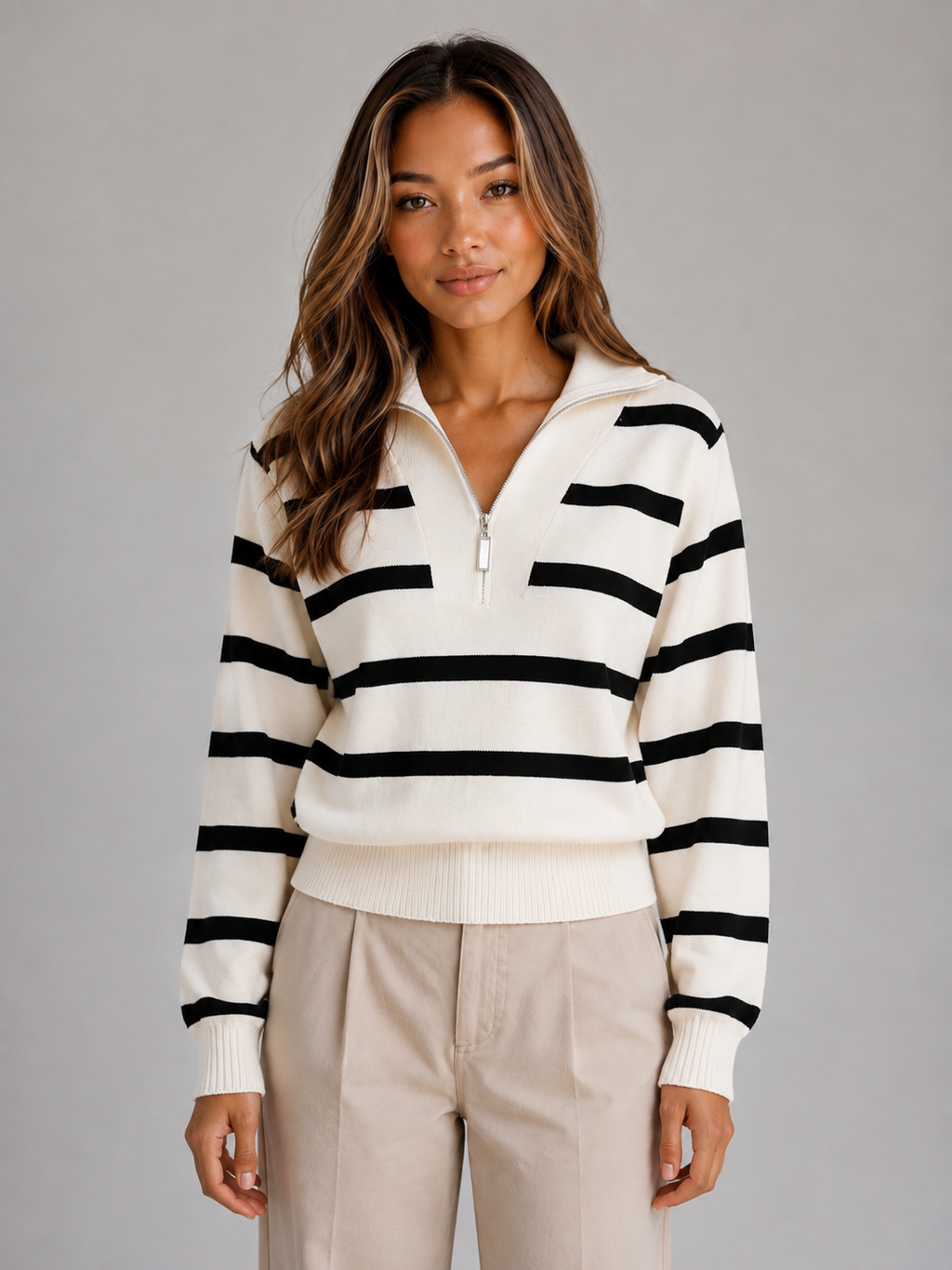 Women’s Striped Half-Zip Knitted Jumper – Relaxed Collar Knit