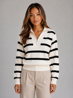 Women’s Striped Half-Zip Knitted Jumper – Relaxed Collar Knit