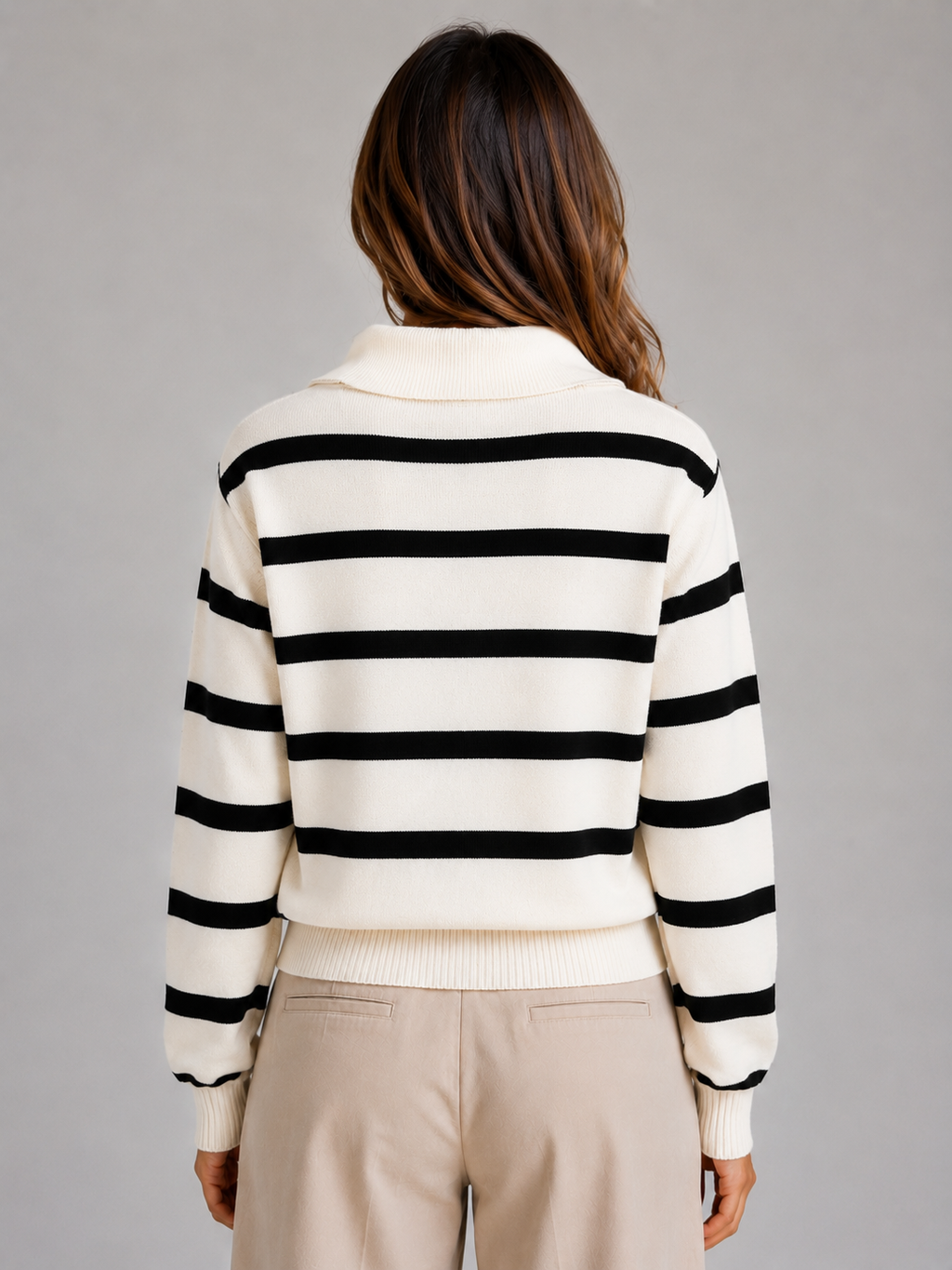 Women’s Striped Half-Zip Knitted Jumper – Relaxed Collar Knit
