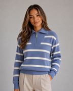 Women’s Striped Half-Zip Knitted Jumper – Relaxed Collar Knit