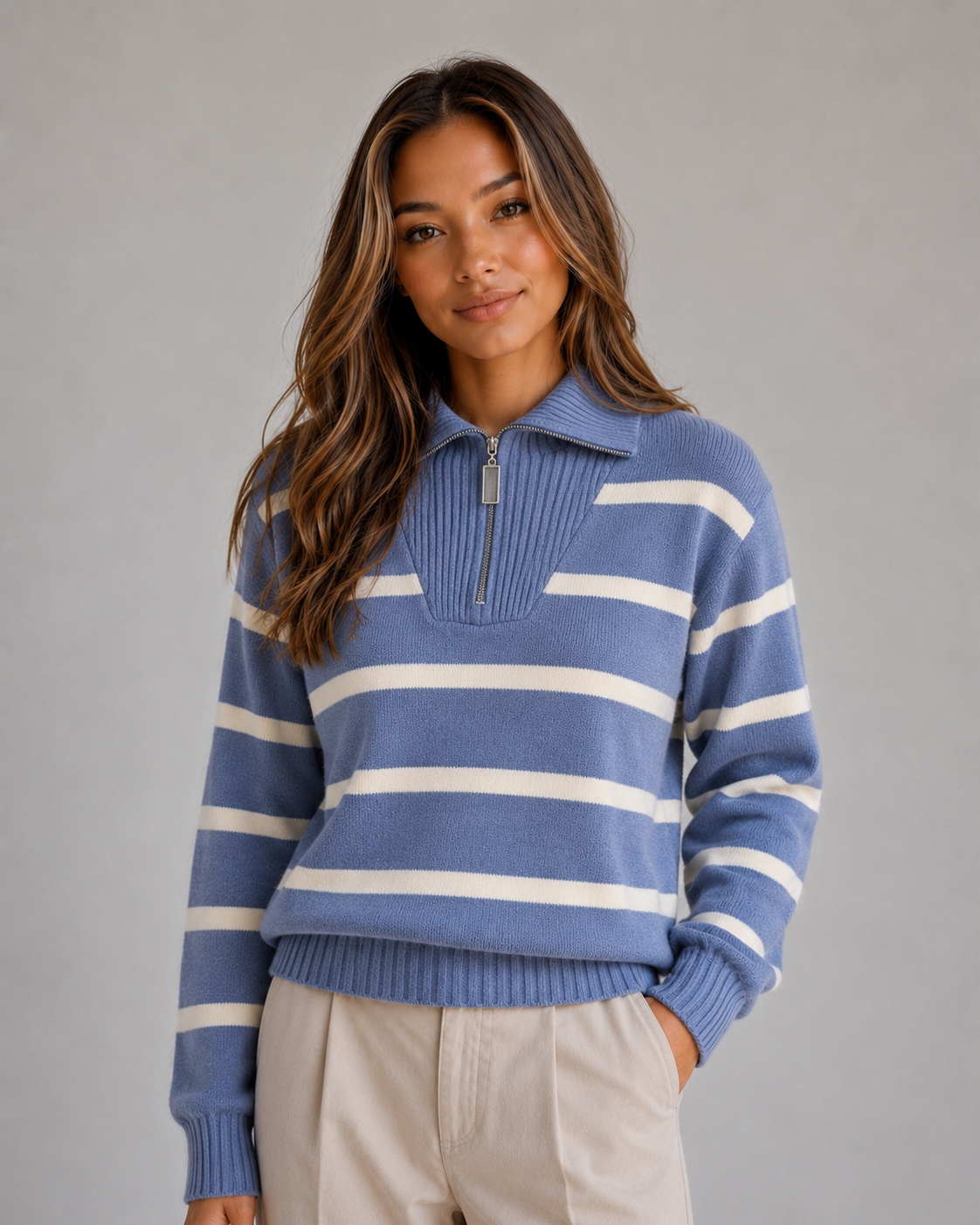 Women’s Striped Half-Zip Knitted Jumper – Relaxed Collar Knit