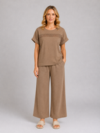 Women's Wide Leg Trouser Co-Ord Set – Crochet Detail Top & Trousers