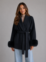 Women's Belted Wool Blend Coat – Faux Fur Trim Wrap Coat
