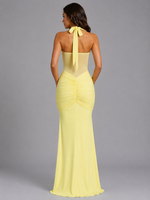 Women’s Halter Mesh Maxi Dress – Ruched Occasion Gown