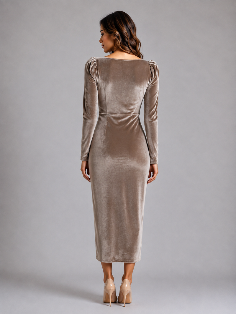 Women’s Velvet Ruched Midi Dress with Gold-Tone Waist Detail – Long Sleeve Style