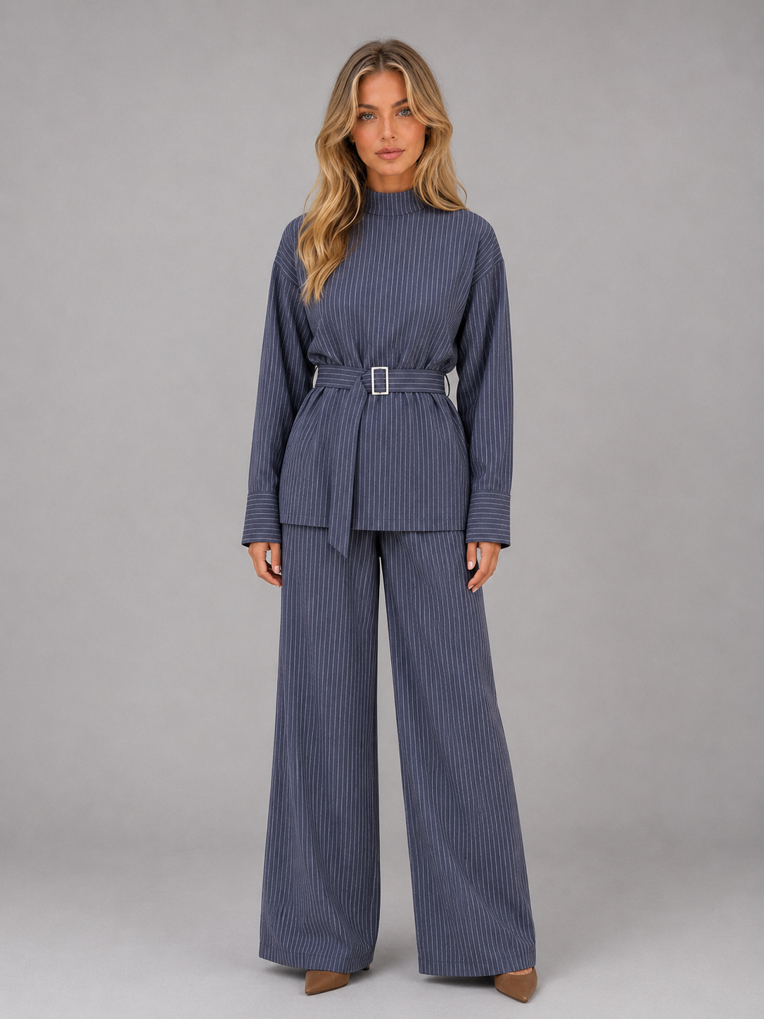 Women’s Pinstripe Two-Piece Set – High Neck Top & Wide Leg Trousers