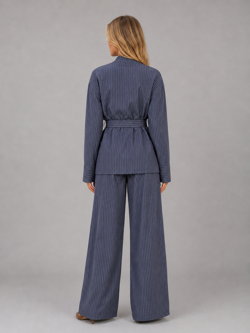 Women’s Pinstripe Two-Piece Set – High Neck Top & Wide Leg Trousers