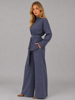 Women’s Pinstripe Two-Piece Set – High Neck Top & Wide Leg Trousers