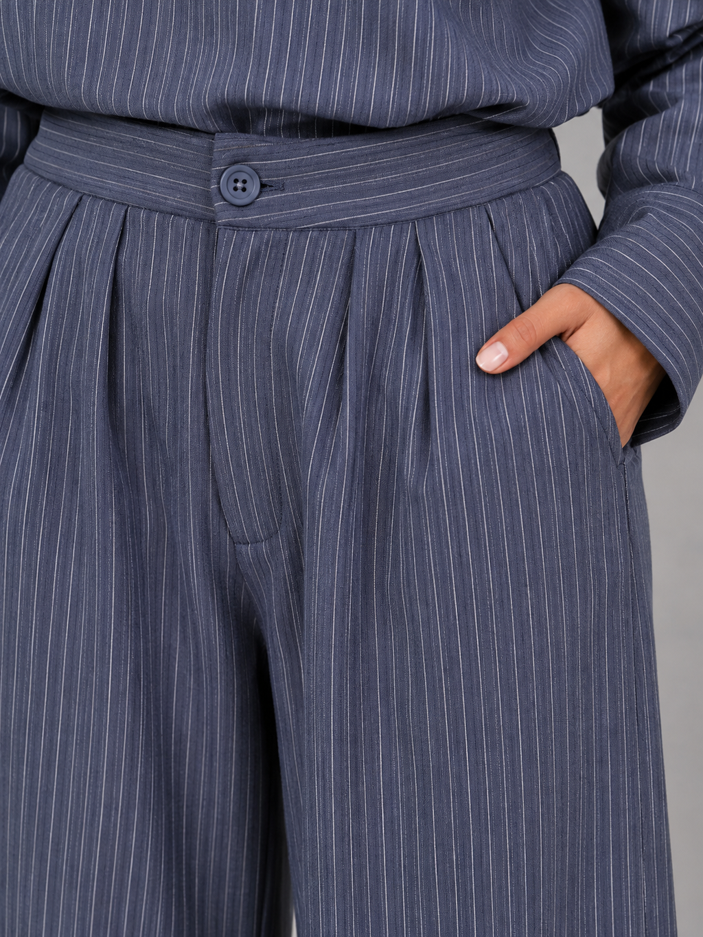 Women’s Pinstripe Two-Piece Set – High Neck Top & Wide Leg Trousers