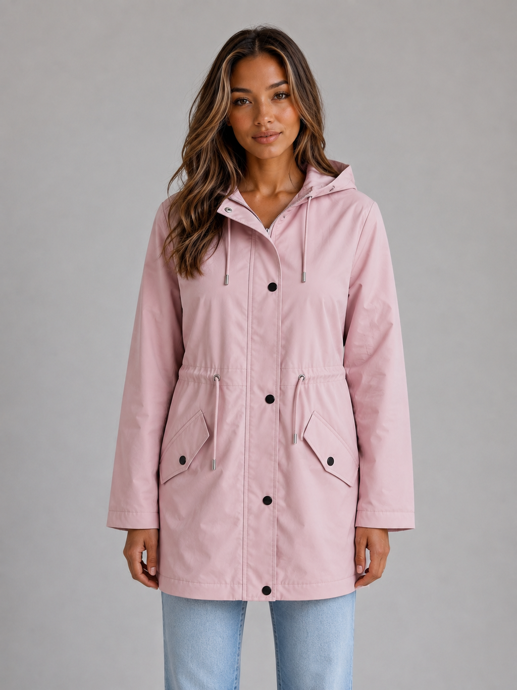 Women's Hooded Waterproof Parka Jacket – Drawstring Waist Rain Coat