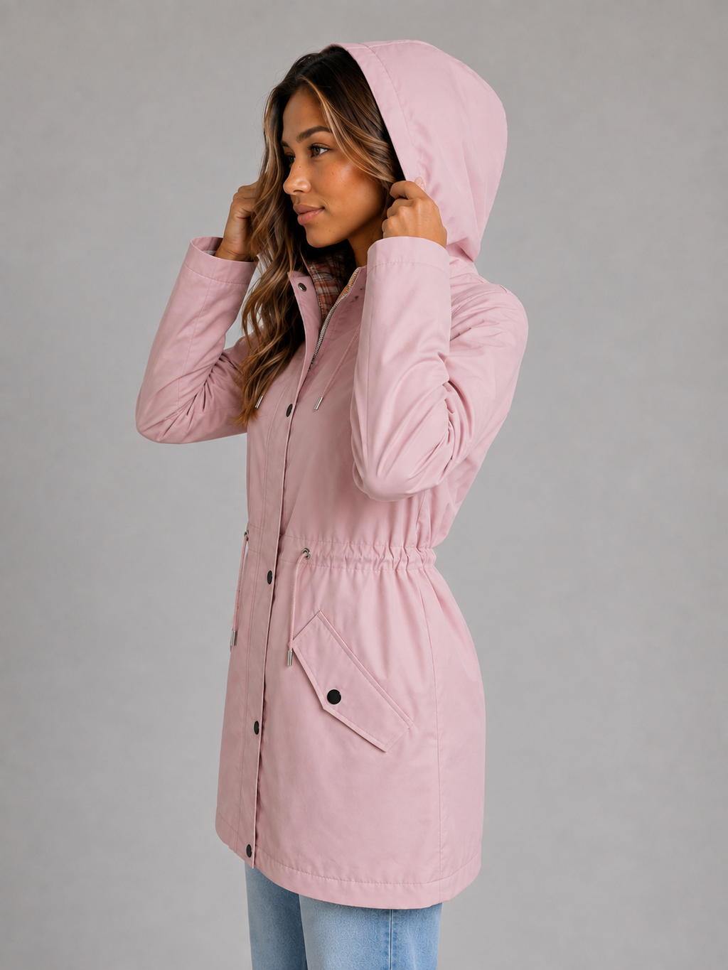 Women's Hooded Waterproof Parka Jacket – Drawstring Waist Rain Coat