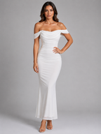 Women's Off-Shoulder Ruched Maxi Dress – Wedding Guest Gown