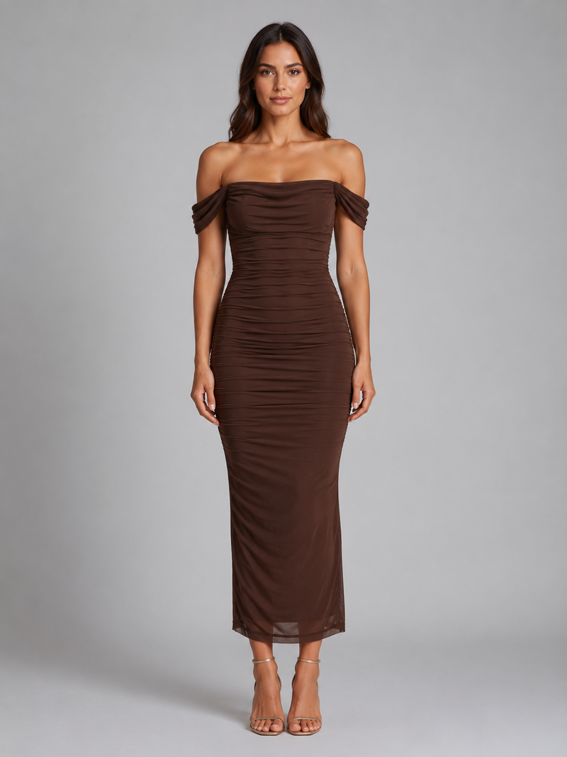 Women's Off-Shoulder Ruched Maxi Dress – Wedding Guest Gown – Montleigh