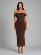 Women's Off-Shoulder Ruched Maxi Dress – Wedding Guest Gown