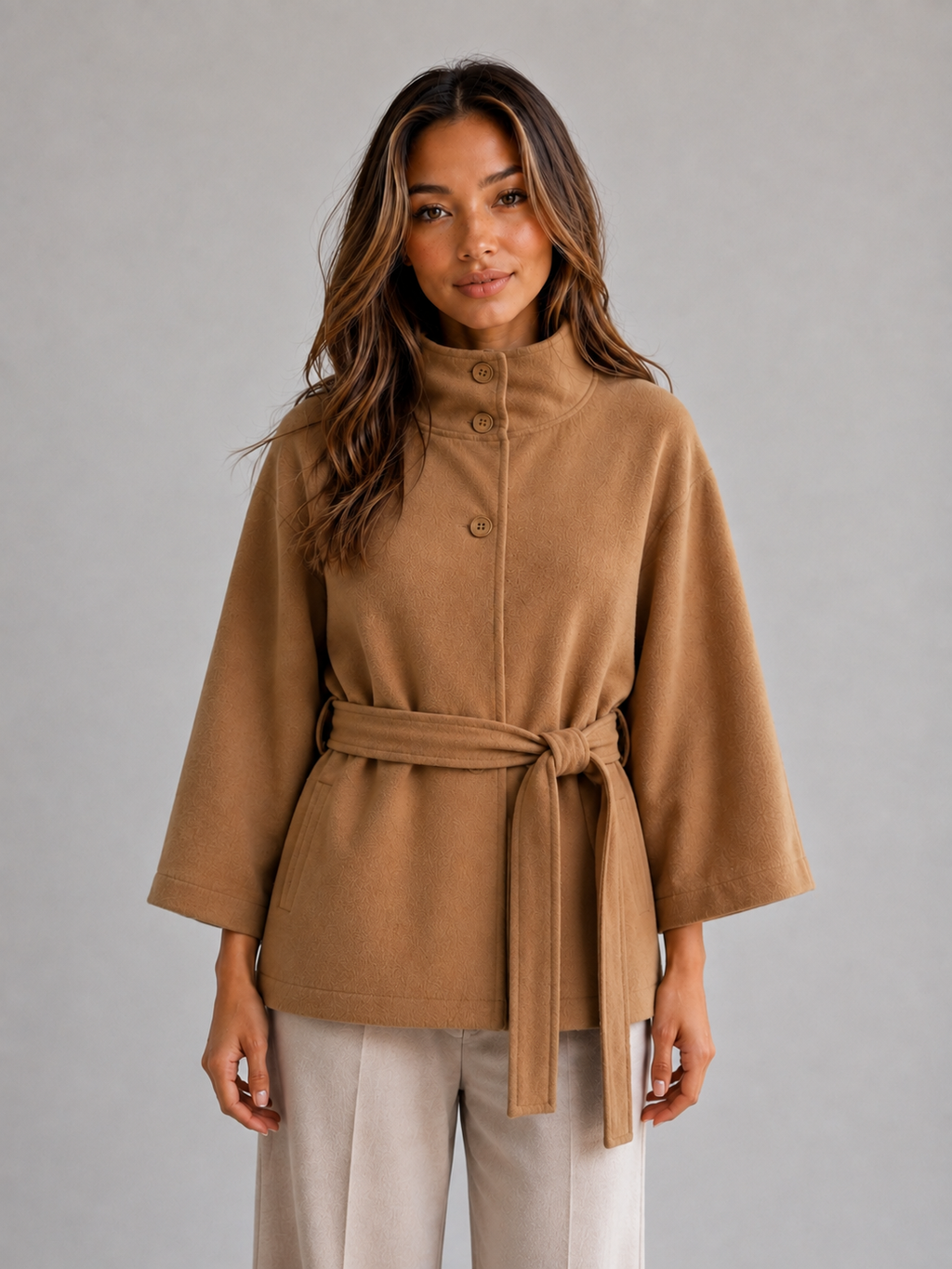 Women's Belted Cape Jacket – Stand Collar Wrap Coat