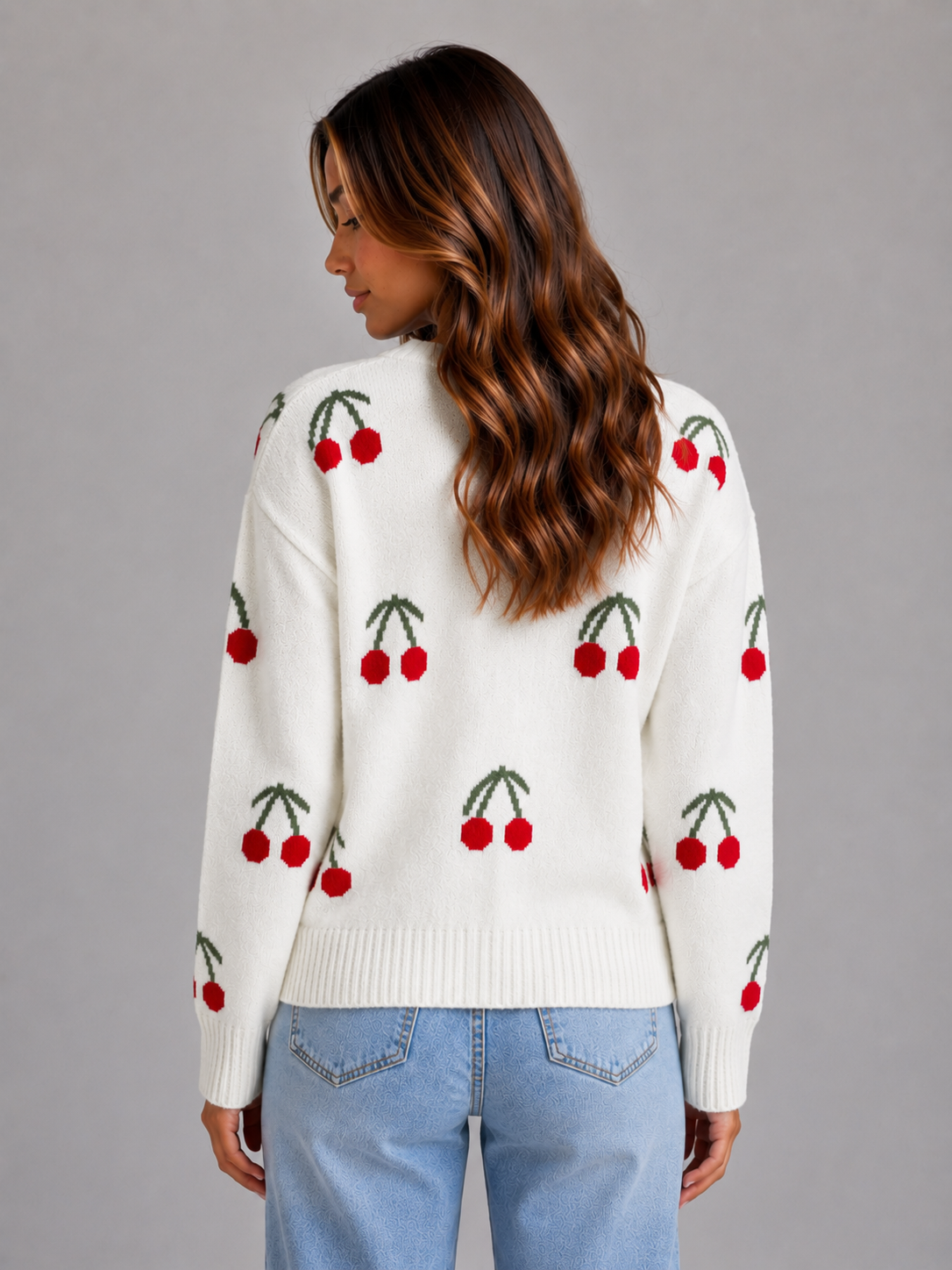 Women's Cherry Print Cardigan – V-Neck Button Front Knit