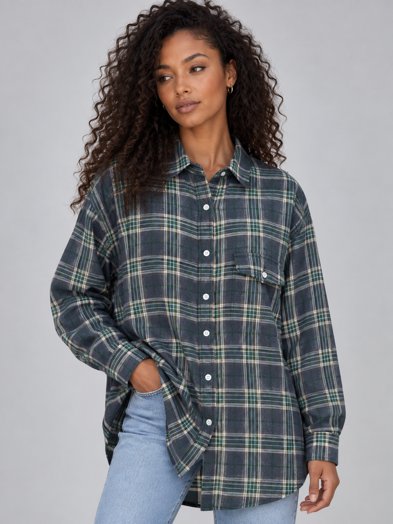 Women’s Oversized Check Shirt – Longline Button-Up Blouse