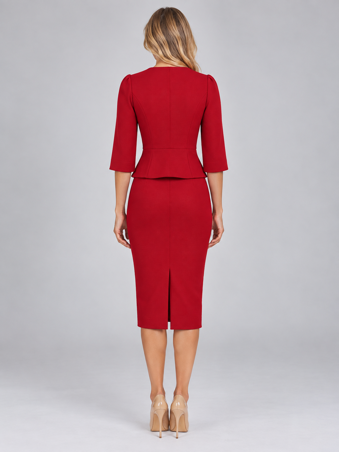 Women’s Tailored Peplum Blazer & Pencil Skirt Co-Ord Set – Gold Button Two-Piece Suit