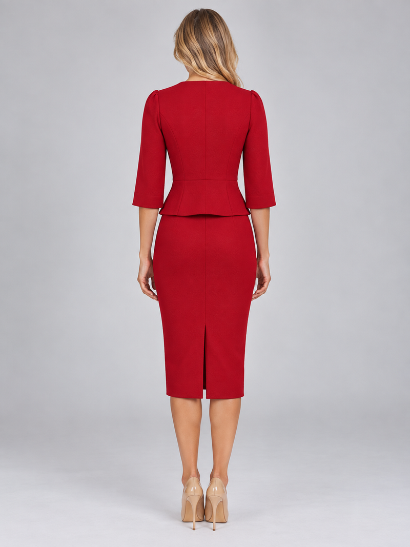 Women’s Tailored Peplum Blazer & Pencil Skirt Co-Ord Set – Gold Button Two-Piece Suit