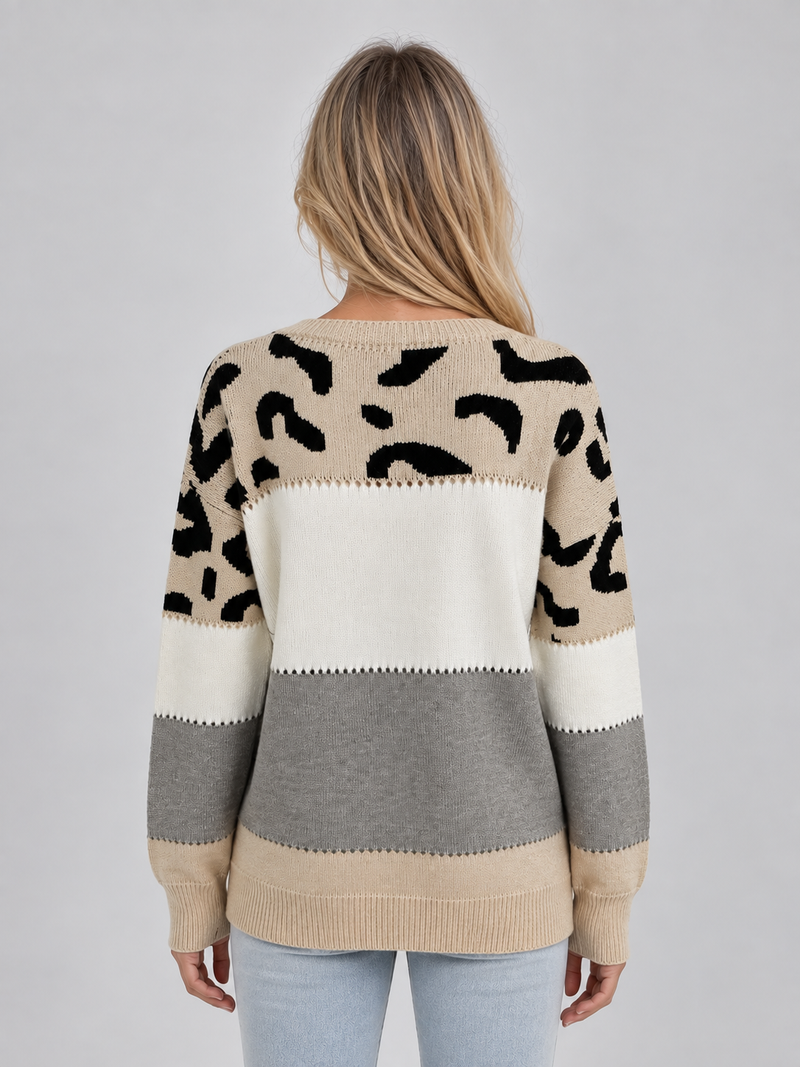 Women’s Leopard Print Jumper – Relaxed Crew Neck Knit Sweater