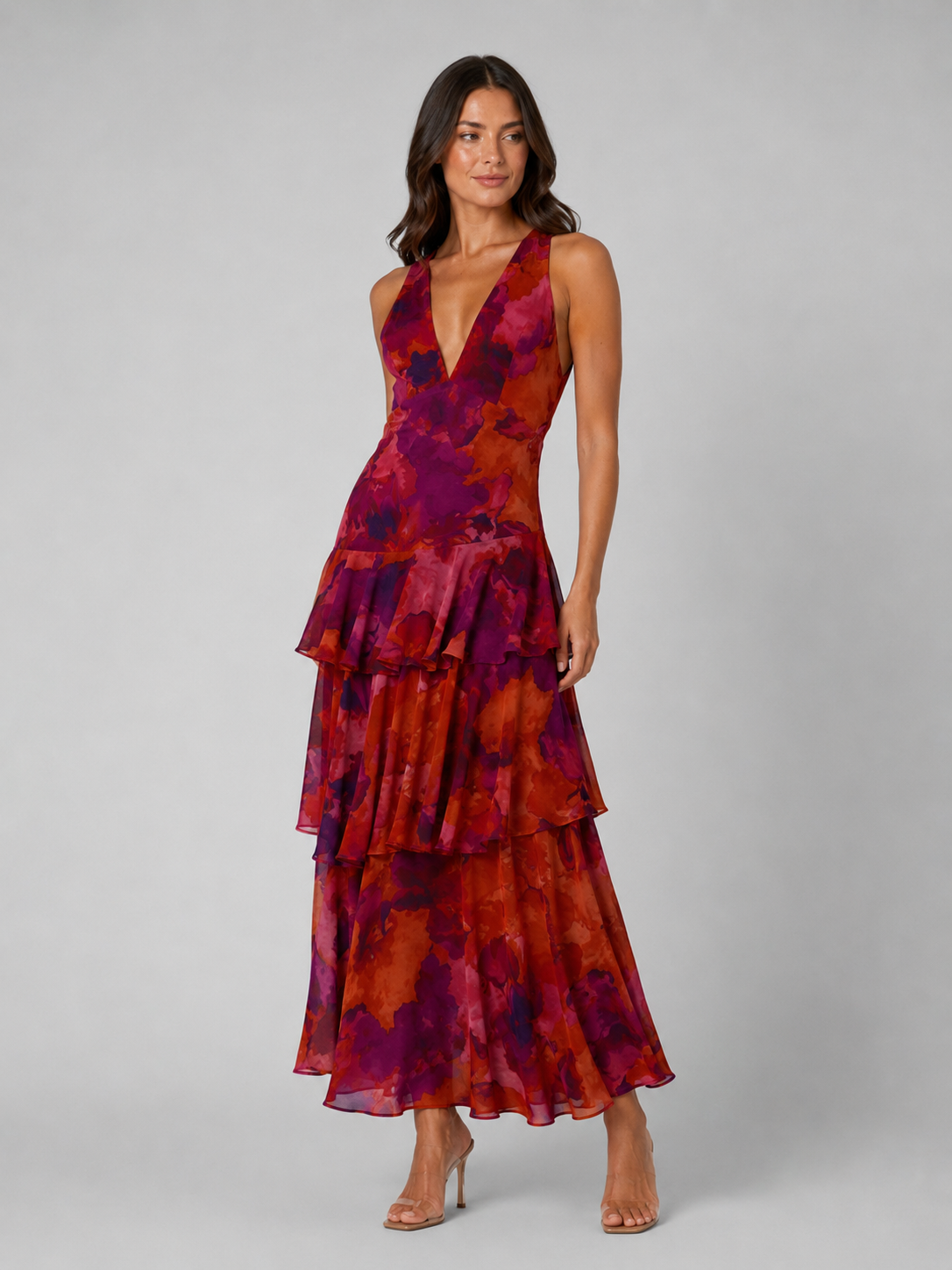 Women’s Tiered Ruffle V-Neck Maxi Dress – Flowing Silhouette