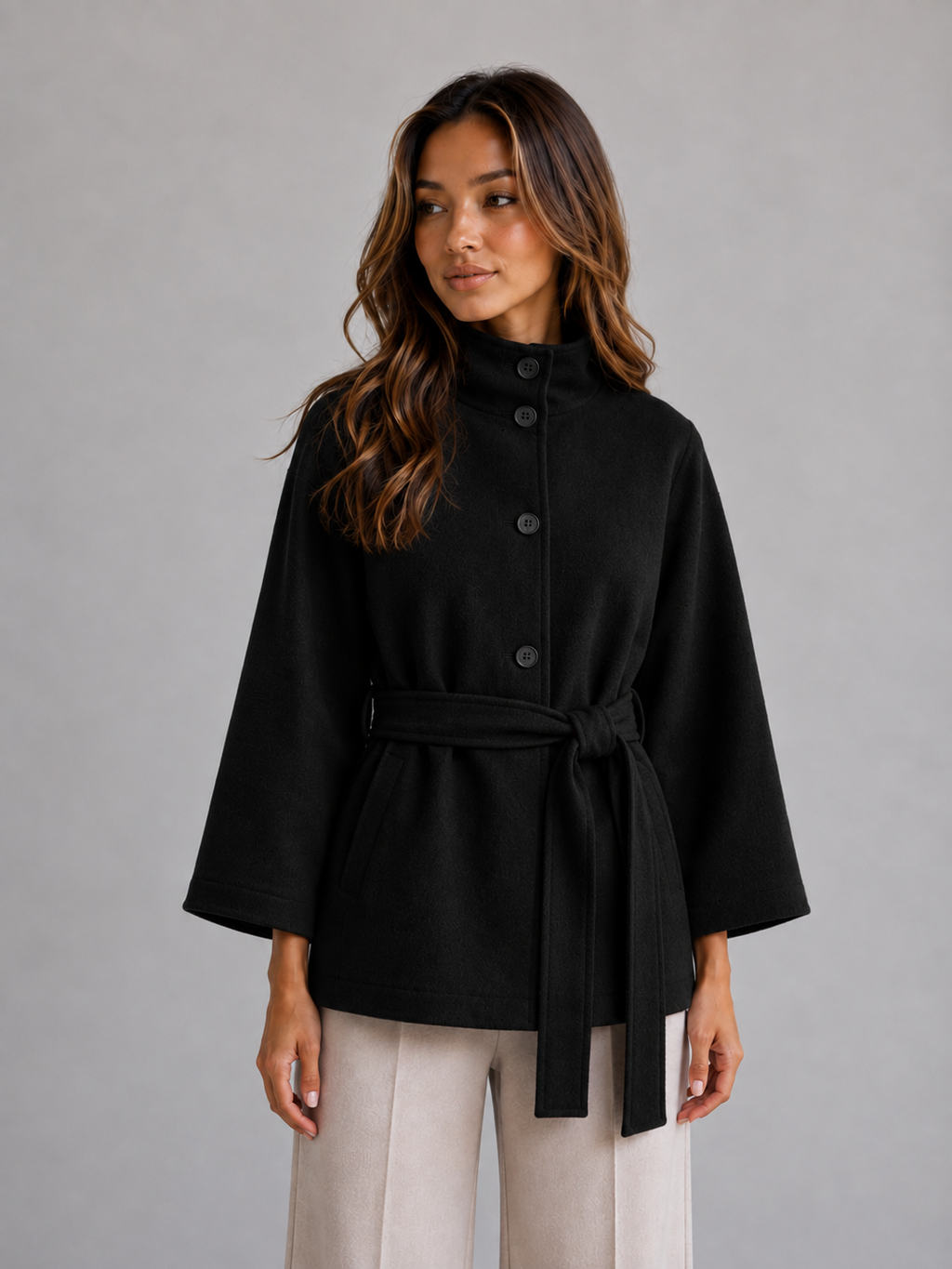 Women's Belted Cape Jacket – Stand Collar Wrap Coat