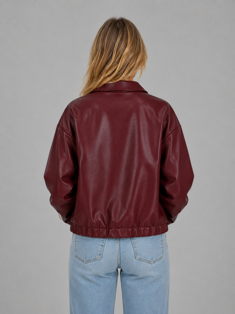Women's Zip Leather Jacket with Pockets – Relaxed Cropped Fit