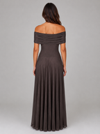 Women's Off Shoulder Mesh Maxi Dress – Ruched Evening Gown