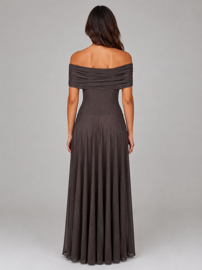 Women's Off Shoulder Mesh Maxi Dress – Ruched Evening Gown