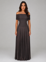 Women's Off Shoulder Mesh Maxi Dress – Ruched Evening Gown