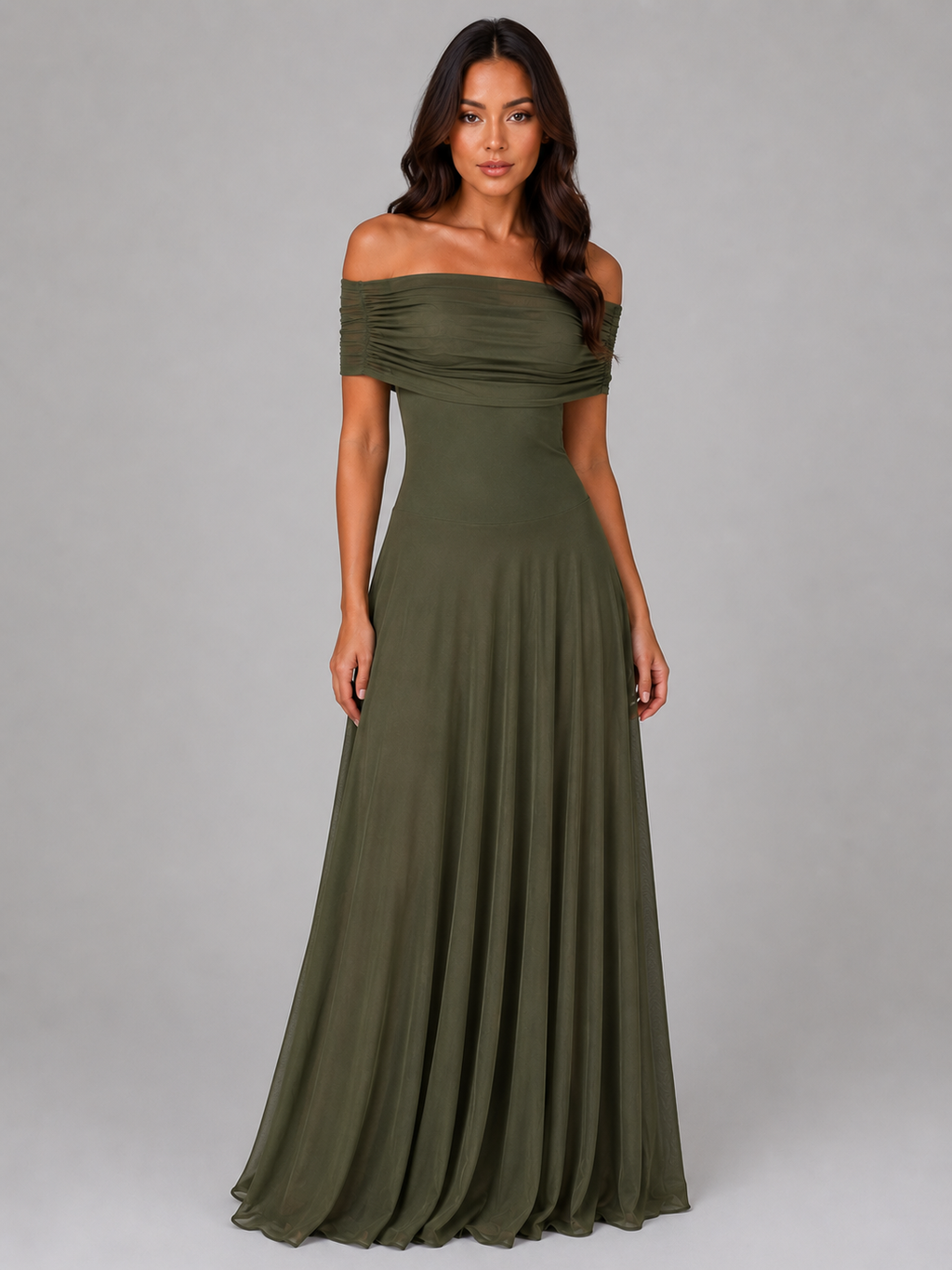 Women's Off Shoulder Mesh Maxi Dress – Ruched Evening Gown