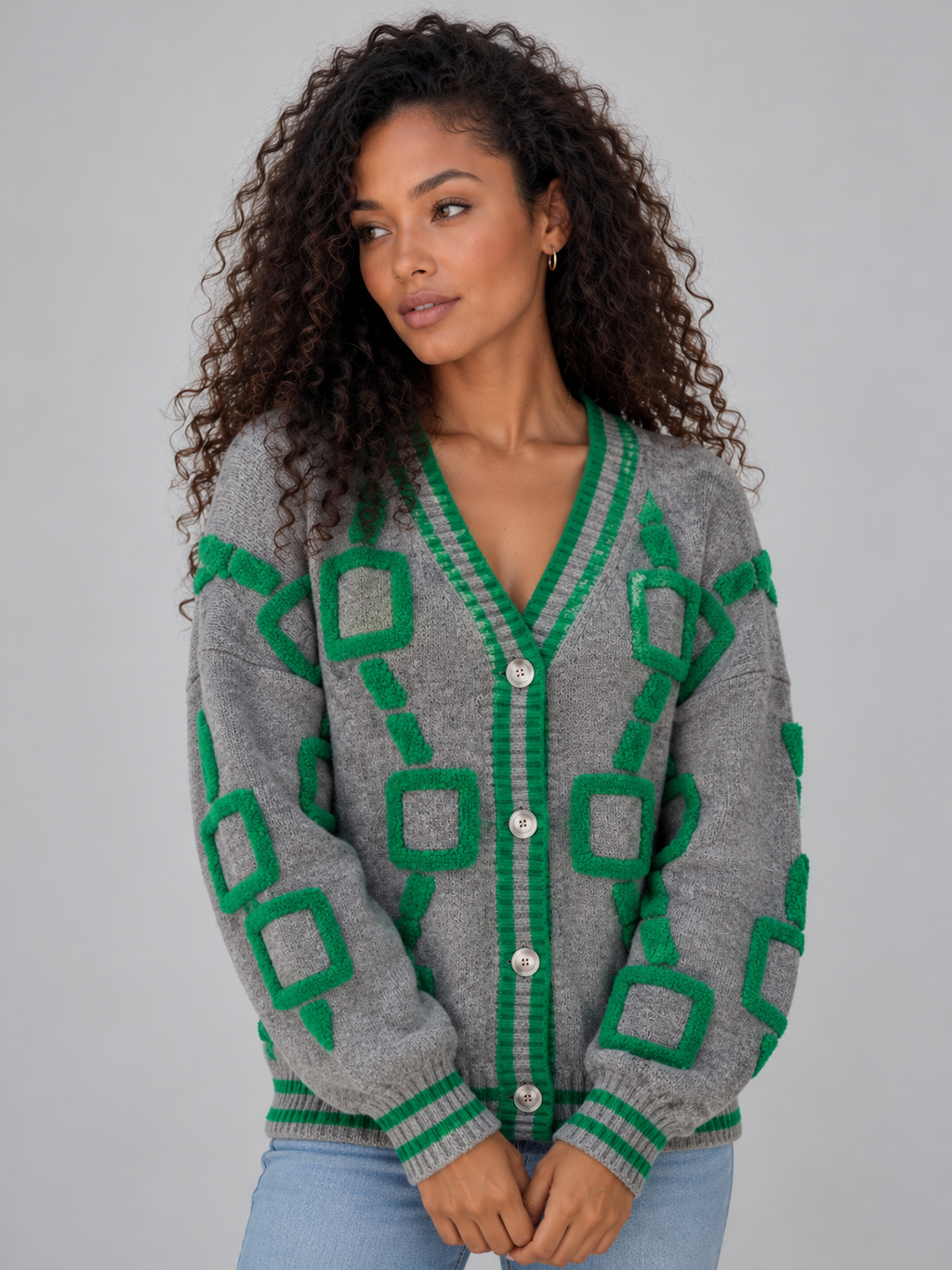 Women’s Geometric Pattern V-Neck Cardigan – Button Front Knitted Jumper