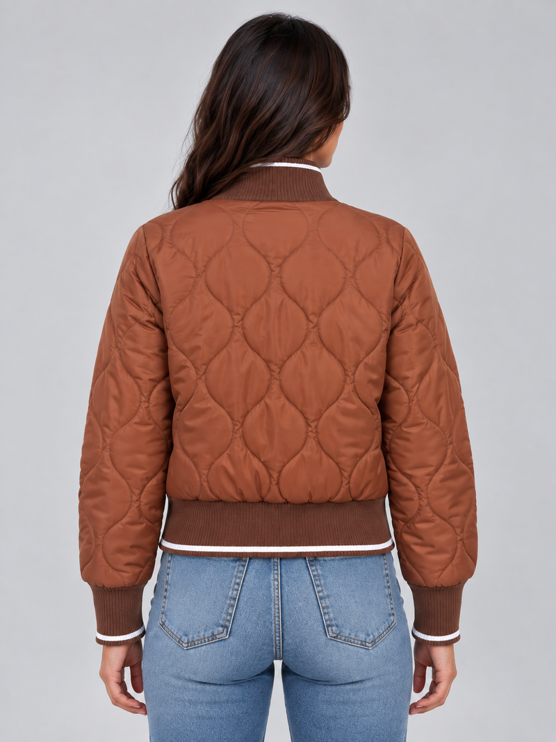 Women’s Quilted Bomber Jacket – Ribbed High Neck Zip-Up Coat