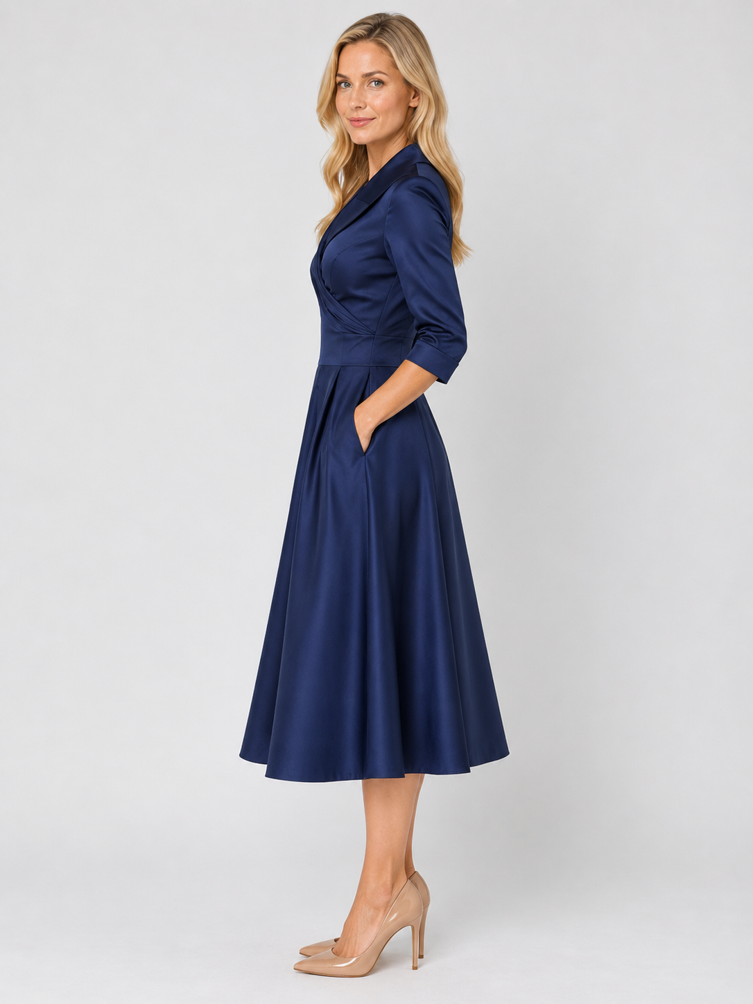 Women’s Satin Feel Wrap Midi Dress – Pleated A-Line Skirt with Pockets