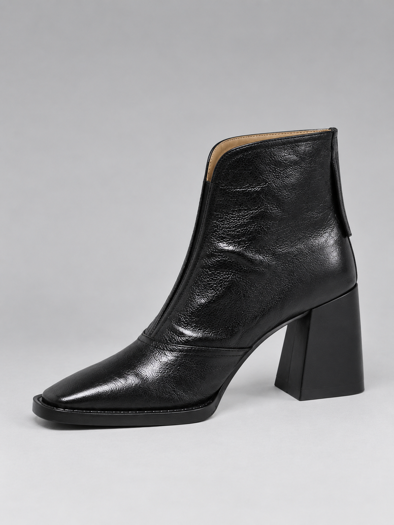 Women’s Leather Square Toe Ankle Boots – Block Heel & Back Zip