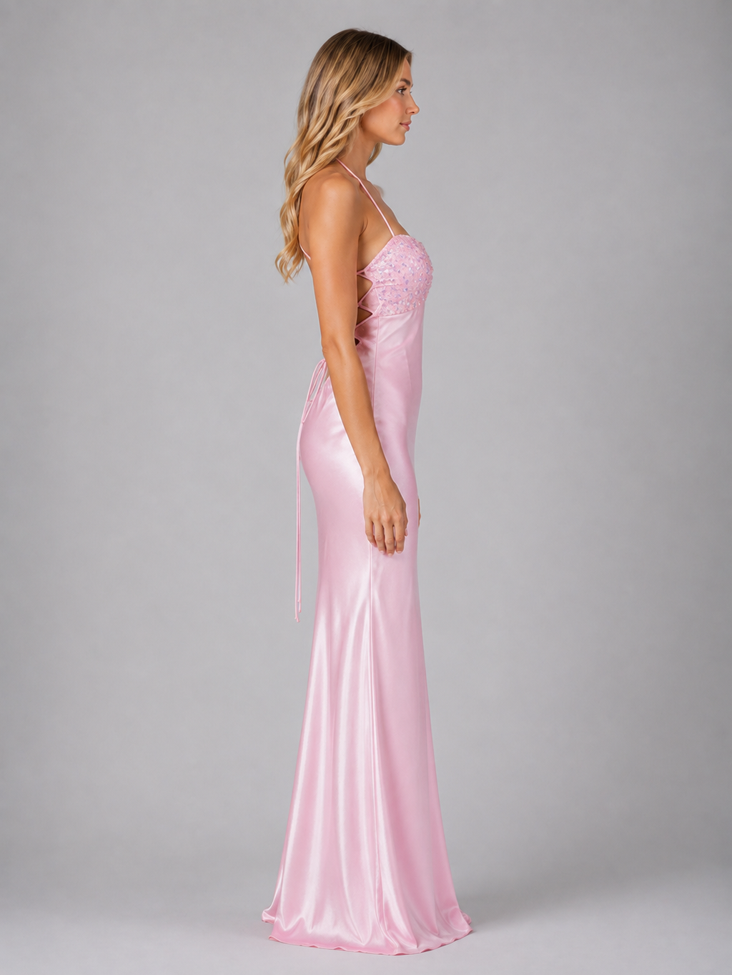 Women’s Sequin Embellished Satin Feel Maxi Dress – Halter Evening Gown