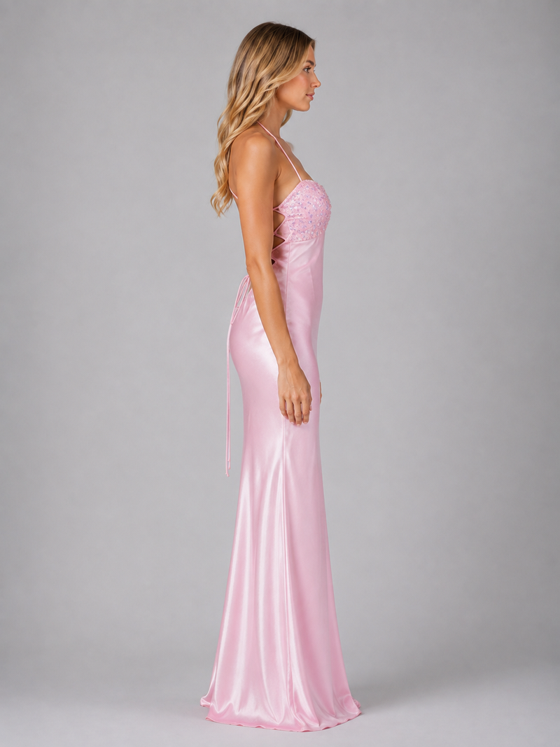 Women’s Sequin Embellished Satin Feel Maxi Dress – Halter Evening Gown