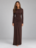 Women’s Ruched Maxi Dress – Long Sleeve Draped Evening Gown